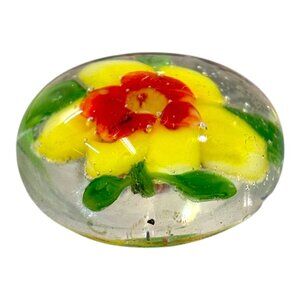 Vintage Glass Art Paperweight Yellow Daffodil Flower Cabochon Clear Dome 2" Smal